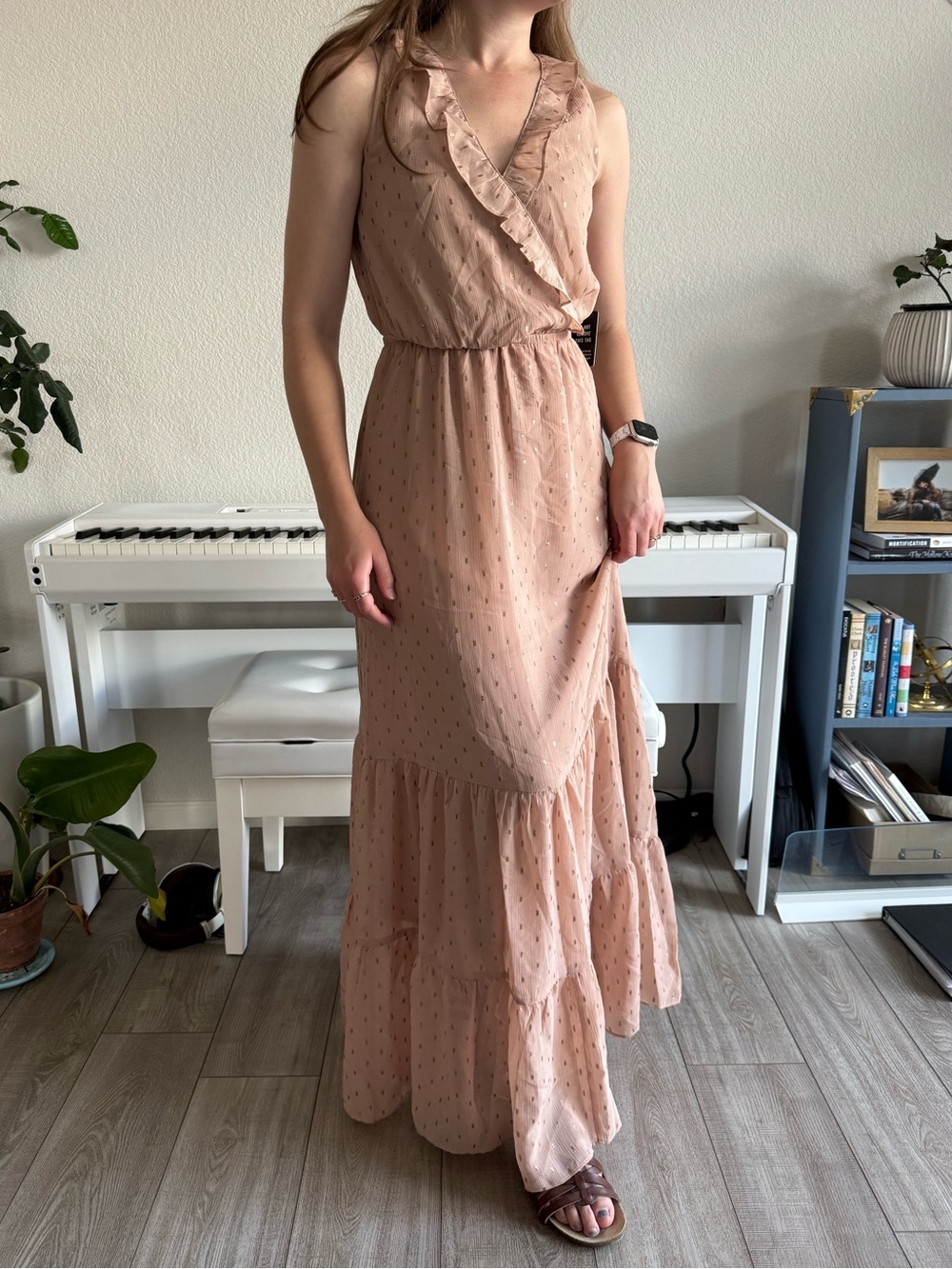 Express Sleeveless Ruffle Wrap Maxi Dress in Blush Pink